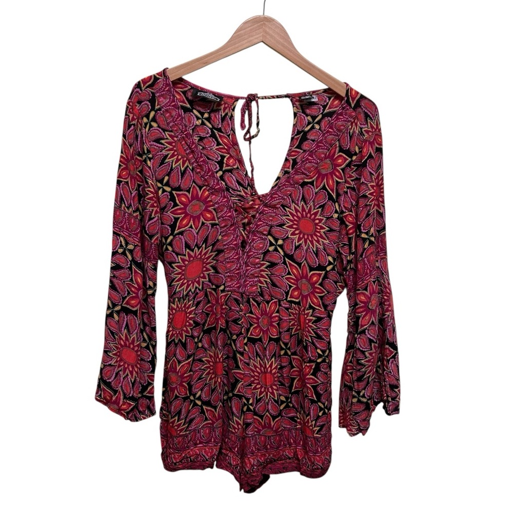Angie Fuchsia Pink Hippy Flower Lace Front Romper Size L